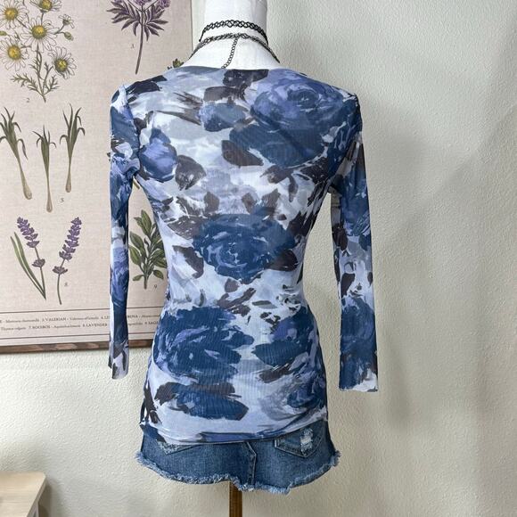 Y2k Cache Blue Floral Mesh Ruched Faux Wrap Stretch Top Romantic Fairy Bimbo S M - Picture 4 of 7